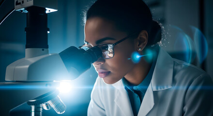 A female scientist in a lab coat and glasses looks intently into a modern microscope.