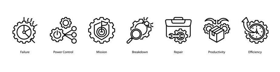 Reliable Output web banner icon vector illustration featuring Failure, Power Control, Mission, Breakdown, Repair, Productivity, and Efficiency.