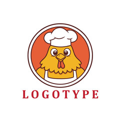 Cartoon chicken in a chef’s hat and apron stands proudly on an orange background, with bold red “LOGOTYPE” text below—perfect for a fun, food-themed brand.
