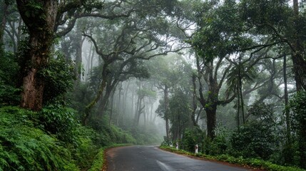 Misty Forest Road: A Serene Journey Through Lush Greenery