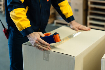 Closeup of male logistics employee sealing cardboard box using packing tape dispenser during...