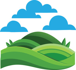 Obraz premium Stylized green rolling hills and clouds isolated on white background