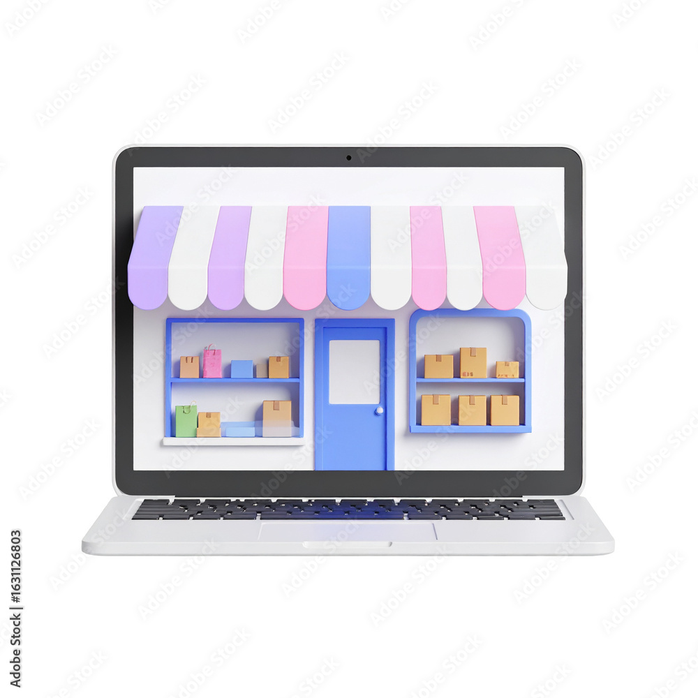 Poster 3d rendering of a laptop screen displaying an online store facade with products on shelves