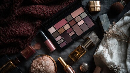 Autumnal Makeup Palette & Accessories: A Flatlay of Beauty Products
