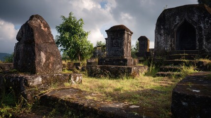 Ancient Stone Tombs in a Serene Hilltop Cemetery