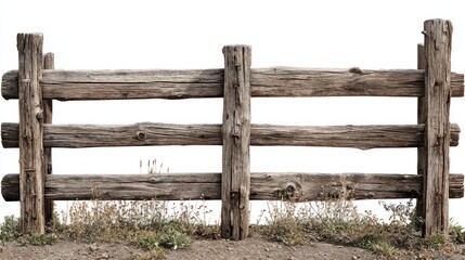 Rustic Wooden Fence Section Against White Background