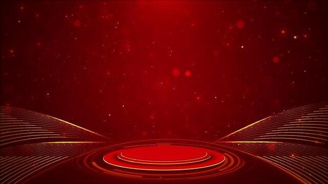Red podium background shimmer glowing stage spotlight golden wave lines stream celebration, futuristic festive performance platform design, spotlight presentation luxury show display, highlight beam