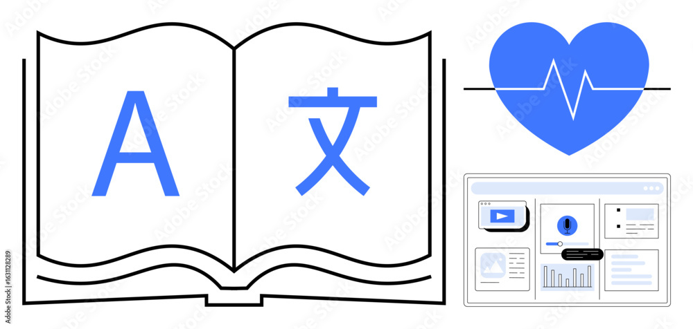 Poster open book with language characters, heart with heartbeat graph, and digital analytics dashboard. ide
