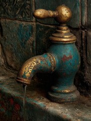 Rusty teal faucet drips water