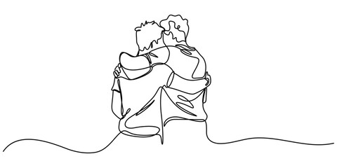 meeting friends - one line drawing vector. concept of men hugging and smiling at each other, One continuous line drawing of a man meets his old friend and hugs each other. Frienship, meet up