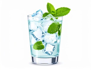 Refreshing Iced Drink with Mint Leaves and Ice Cubes in a Glass on White