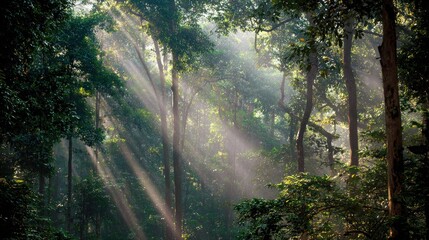 Sunbeams Filtering Through Lush Forest Canopy