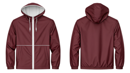 Burgundy Hooded Raincoat with White Zipper and Contrast Detail on Transparent Background