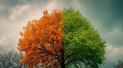 The duality of seasons: A breathtaking autumnal and vernal tree against a cloudy sky