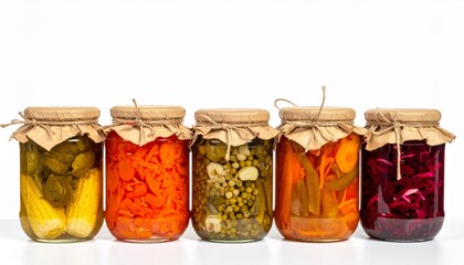Assorted Pickled Vegetables in Glass Jars with Brown Paper Lids on White Background