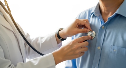 Doctor examining patient with stethoscope isolated on transparent background