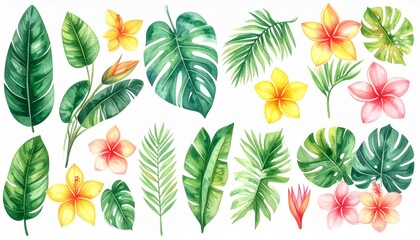 Generated image Hand-drawn watercolor tropical flower set. Exotic palm leaves, jungle tree, Brazilian tropical botany elements, and flowers. Perfect for fabric design.