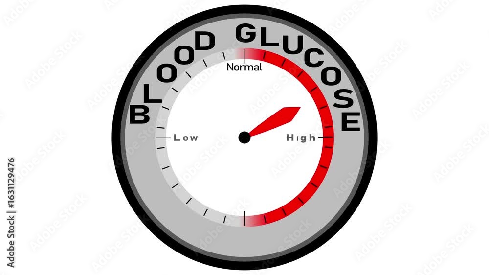Poster blood glucose text or word displayed with a barometer or tachometer-style gauge showing levels from 