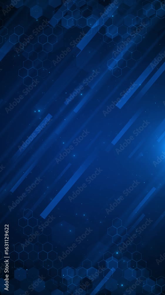 Poster digital motion streaks floating hex shapes deep blue backdrop data transfer, security systems, speed