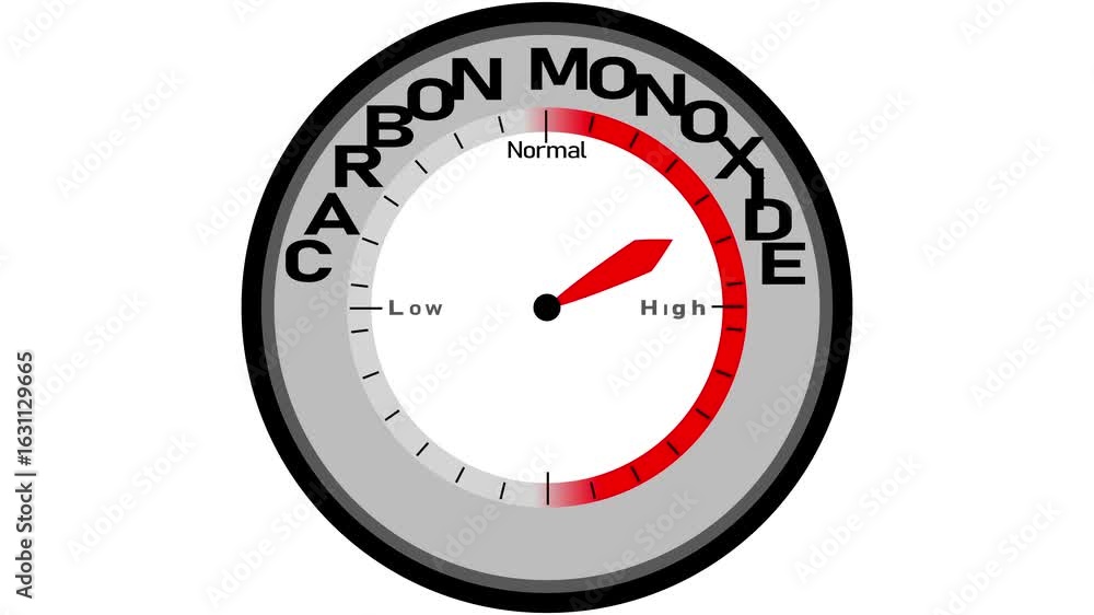 Aufkleber carbon monoxide text or word with a barometer or tachometer-style gauge showing levels from low to h