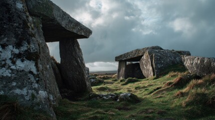 Ancient Megalithic Tombs under a Cloudy Sky