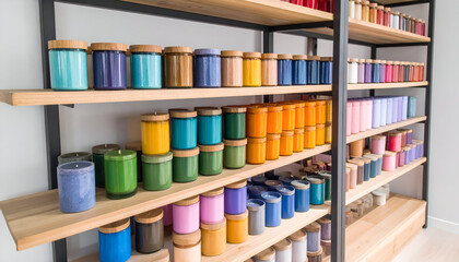 Colorful Candles on Wooden Shelves.