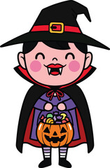 Little Girl in Witch Costume with Candy Basket Cartoon Vector