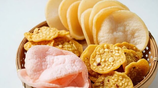 Crispy Asian Snack Assortment: Prawn Crackers, Krupuk, and Savory Chips in a Traditional Woven Basket on White