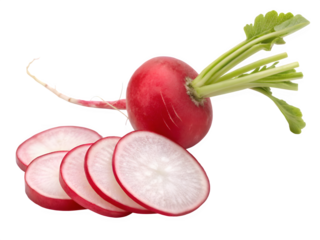 Fresh radish with slices and green leaves on black background