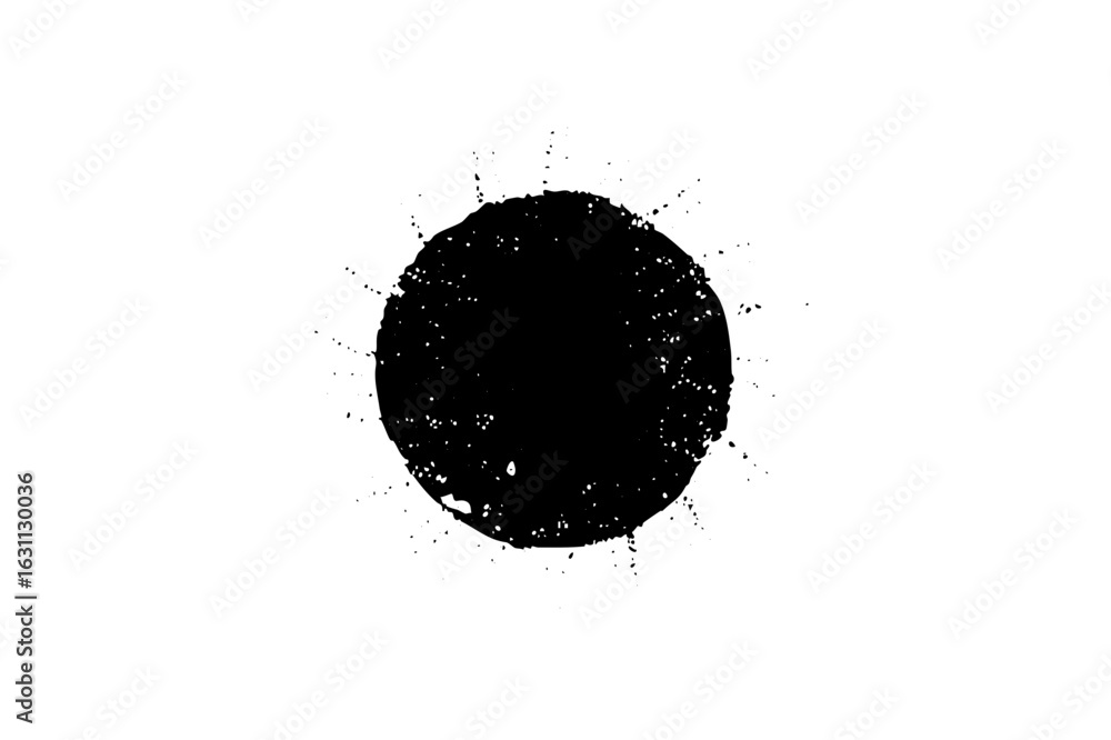 Poster Vector Abstract black circle with textured edges and scattered dots.