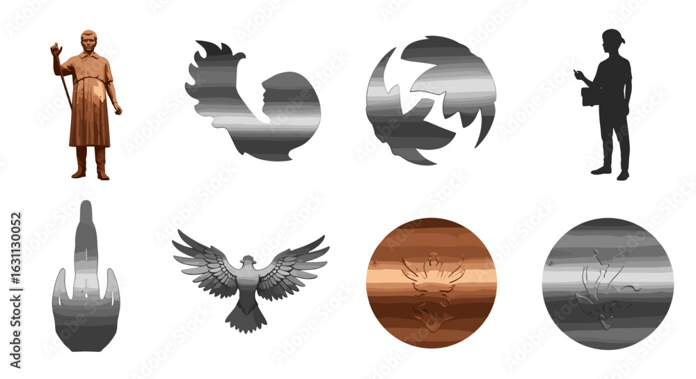 Poster diverse symbolic graphic elements rendered with varying colors and metallic textures.