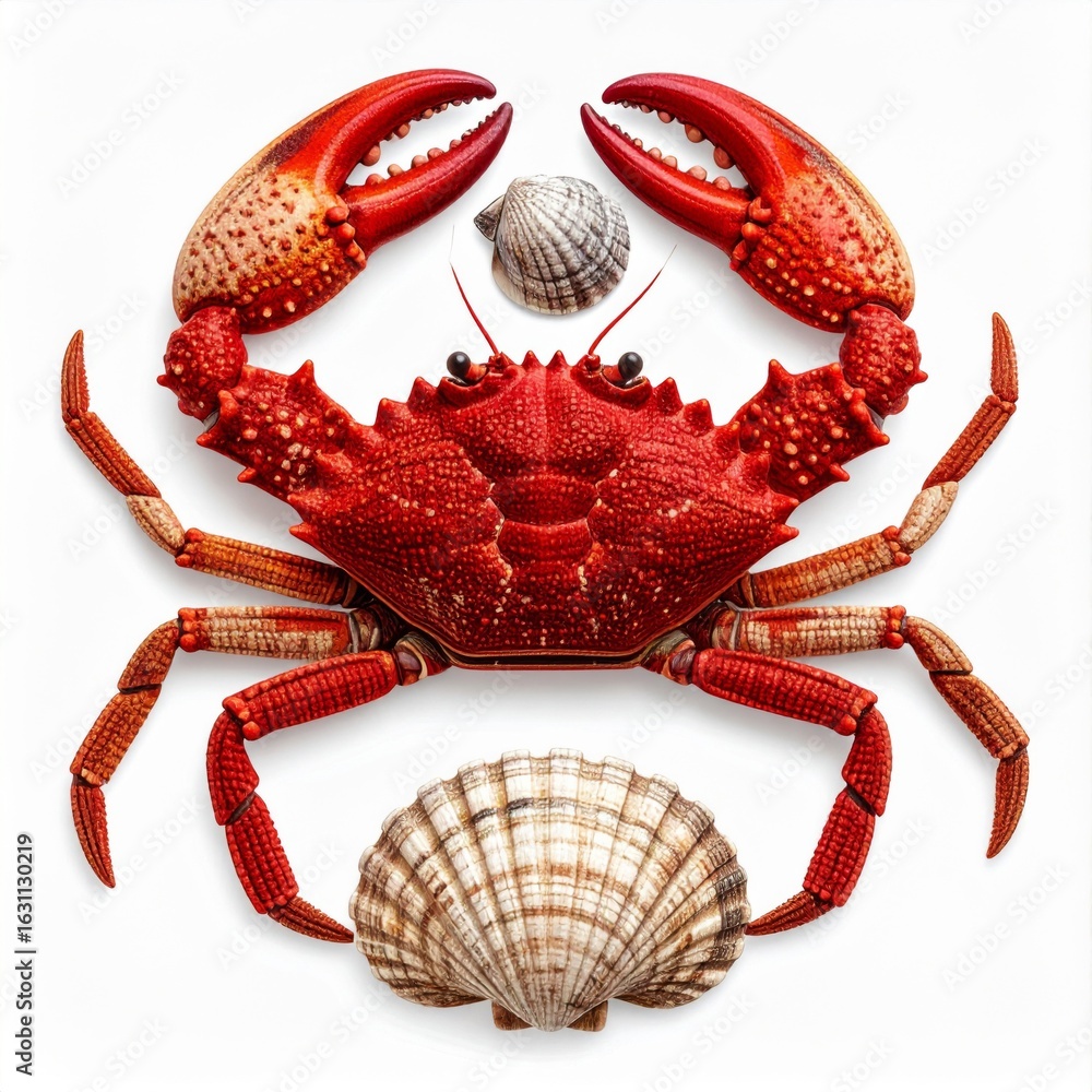 Aufkleber bright red crab and seashells on white backdrop with intricate textures and patterns