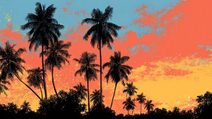 Tropical Sunset Silhouette: Palm Trees Against a Vibrant Sky