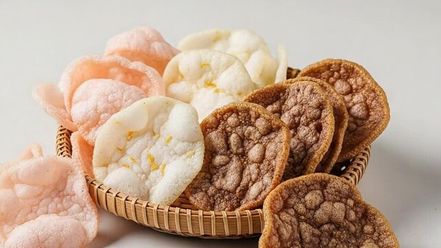 Assortment of Traditional Asian Prawn Crackers (Krupuk/Kerupuk) in a Woven Basket, Featuring Various Flavors and Colors on a Clean White Background