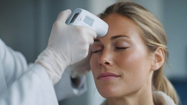 Doctor using infrared thermometer to check woman’s forehead temperature, symbolizing health screening, fever check, medical safety, COVID-19 protocol, and clinical hygiene practice

