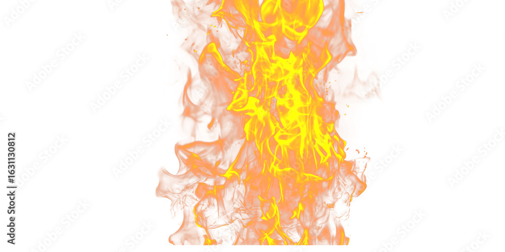 Poster a vertical display of intense orange and yellow flames against a stark black background creating con