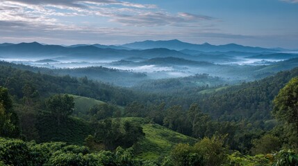 Fototapeta premium Misty Mountain Landscape: Serene Hills and Verdant Valleys