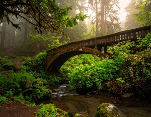 Fototapeta premium Magical Sunrise Over Wooden Bridge in Misty Forest with Flowing River and Lush Greenery