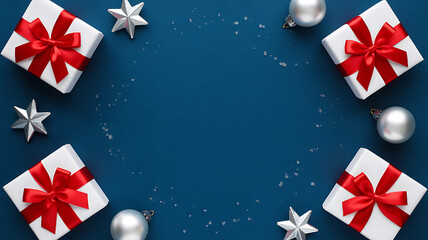 Fototapeta premium Christmas gifts and ornaments on deep blue background