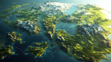 High-angle view of a stylized map, showcasing mountainous terrain,  lush green vegetation, and  inlet-filled coastline.  Sunlight illuminates the landscape, highlighting details