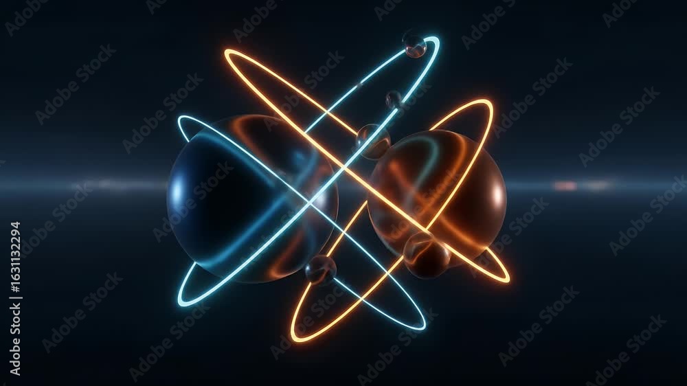 Poster abstract spheres rotating with neon orbits on dark background
