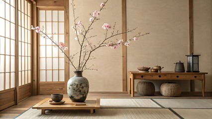 A serene japanese room with shoji screens tatami mats and a low wooden table adorned with a vase of delicate pink flowers and a small ceramic bowl