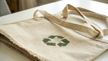 Naklejka premium Close Up of Eco Tote Bag with Green Recycle Logo on Natural Fabric for Sustainability Awareness