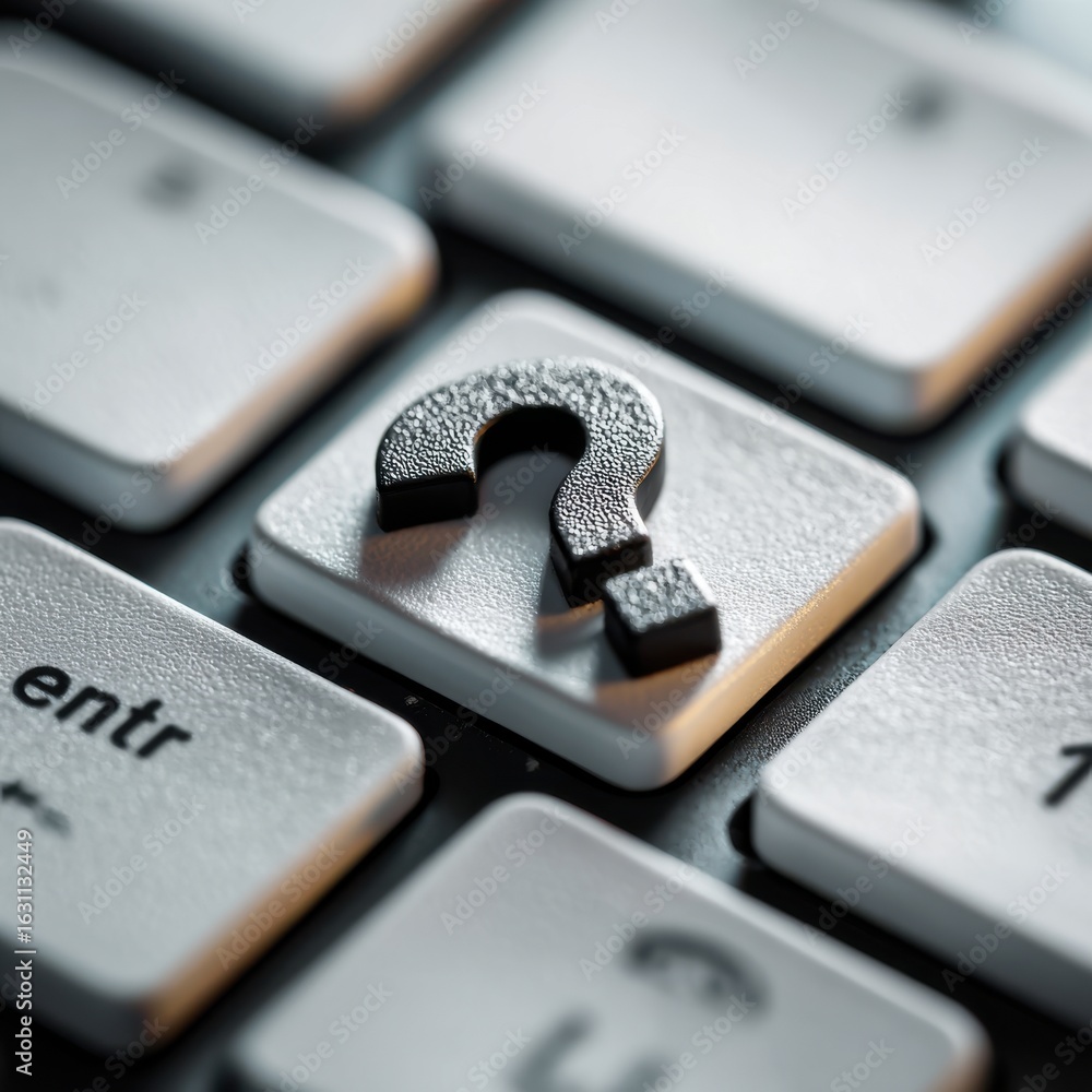 Poster exploring curiosity question mark key on keyboard digital workspace close-up shot minimalist environ
