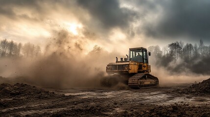 Heavy machinery in action: Bulldozer working on construction site landscape