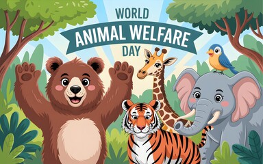 Fototapeta premium Happy animals celebrate world animal welfare day in a vibrant forest setting
