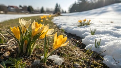 Delicate purple and yellow crocus flowers emerge from melting snow signaling the vibrant arrival of spring and the end of winter s cold