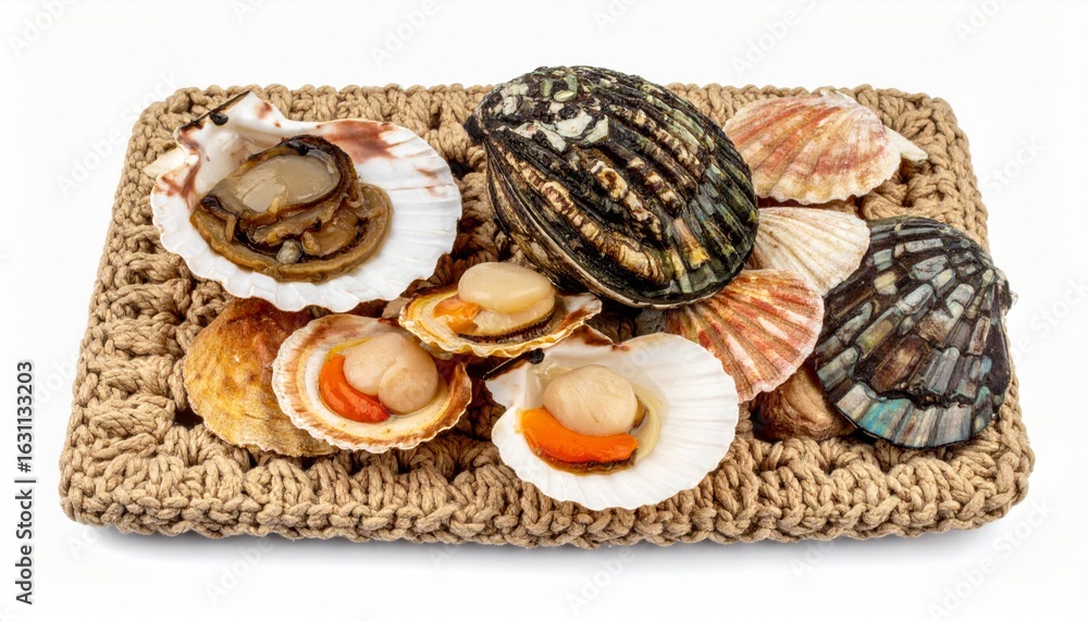 Poster assortment of scallops in shells on textured beige tray with white background