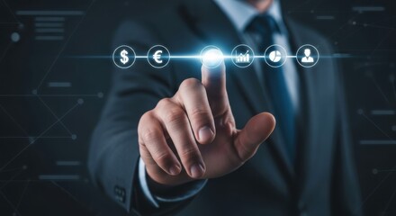 Obraz premium Businessman's Hand Interacting with Futuristic Financial and Business Icons on Dark Digital Interface