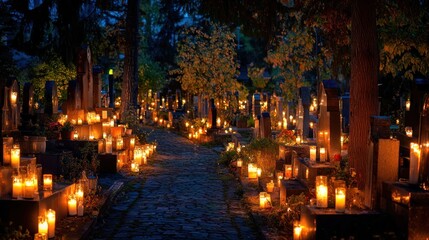 Naklejka premium Candles illuminating the path in a nighttime cemetery, creating a serene and solemn atmosphere.